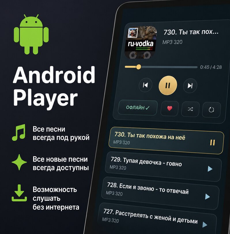 Android-плеер ru.vodka: слушайте музыку офлайн, скачивайте и храните любимые песни на телефоне